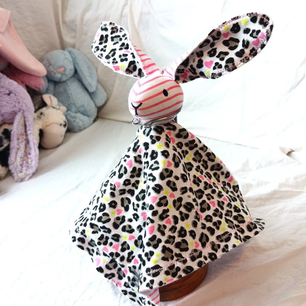 Amy Coe Baby Lovey Pink White Bunny Black Cheetah Print Security Blanket 10"